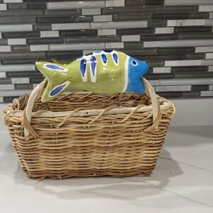 Fish Nautical Ceramic Blue & Green Fish Handles Wicker Basket
